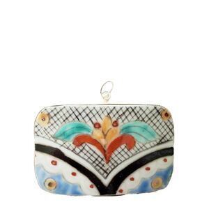 Hand Painted Floral Porcelain Pottery Shard Pendant Rectangular Talavera Folk Ar